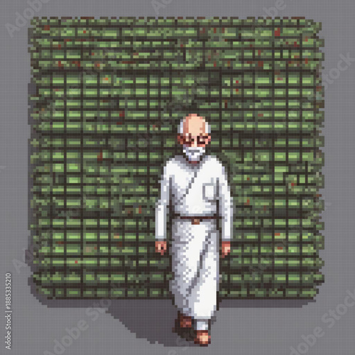 An elderly man in a white robe walks past a wall of green plants, possibly in a pixel art style.