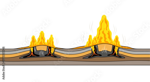 Cross-section diagram illustrating two geysers erupting from underground magma chambers, showing the geological process of hydrothermal activity.