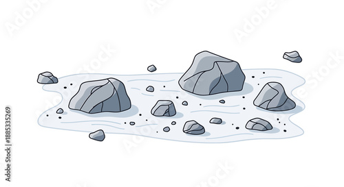 Illustration of various grey rocks and small pebbles scattered on a light ground surface.
