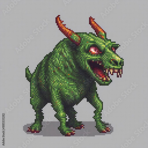 A pixel art image of a green, horned creature with red eyes and teeth, standing in a grey background.