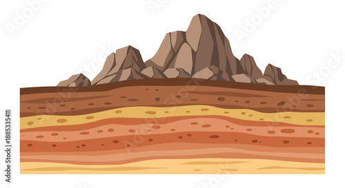 Cross-section illustration of earth's crust with mountains and distinct geological layers.