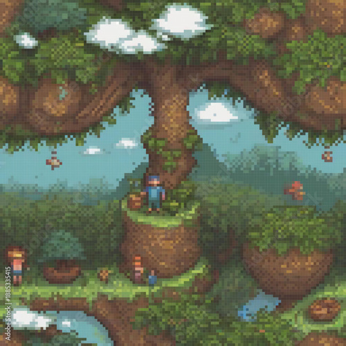 A pixel art scene with a man standing next to a tree, surrounded by various creatures and elements, possibly in a fantasy or adventure setting.