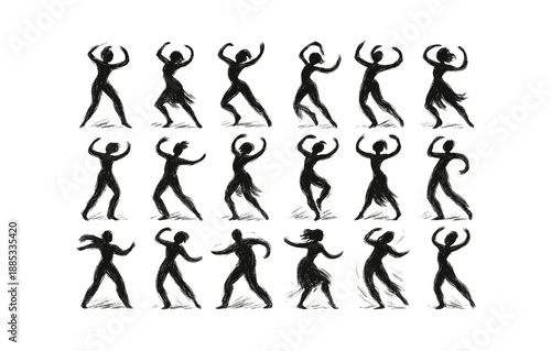 Energetic dance silhouettes in expressive brush stroke style
