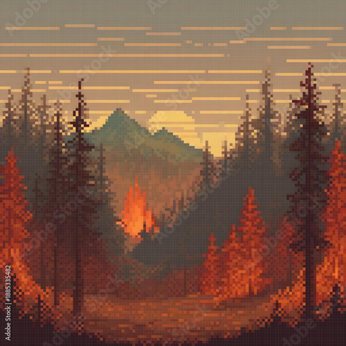 A pixel art image depicts a forest with a fire in the foreground, mountains in the background, and a sunset.