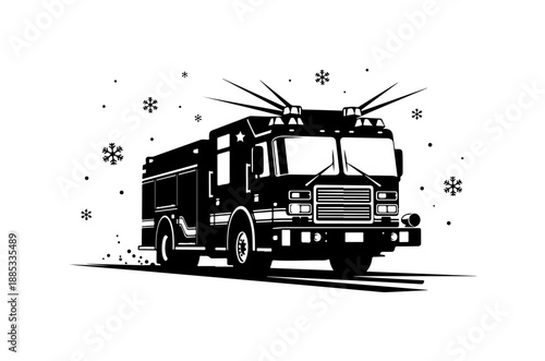Fire Truck Silhouette with Snowflakes