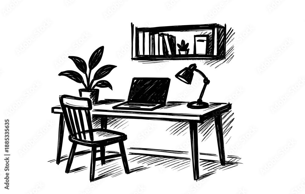 Fototapeta premium Cozy workspace with desk and laptop in black and white sketch style