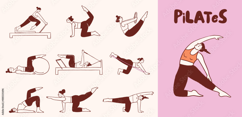 Fototapeta premium Pilates poses illustrations collection. Minimalist drawings of women exercising and stretching.