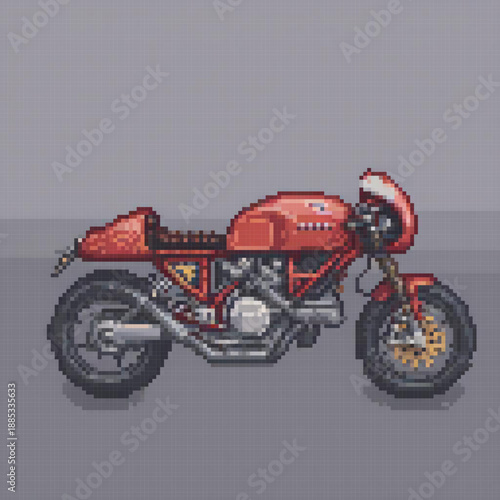 A pixel art image of a red motorcycle with a black seat, yellow and black exhaust pipe, and a white helmet.