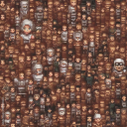 A pixel art image showcases a crowd of people, with some standing out due to their unique features or positions.