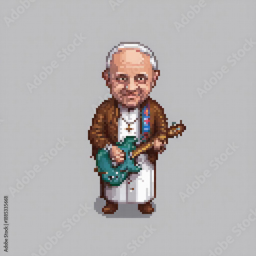 A pixel art image of a man in a priestly robe holding a guitar, with a blue strap and a red cross pendant.
