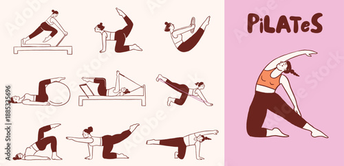Pilates poses illustrations collection. Minimalist drawings of women exercising and stretching.
