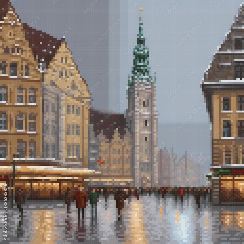 Fototapeta premium The image depicts a city scene with a large church, people walking, and a pixel art style.