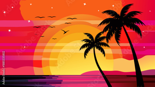 A vibrant vector graphic illustration of a tropical sunset with palm trees and birds in flight.