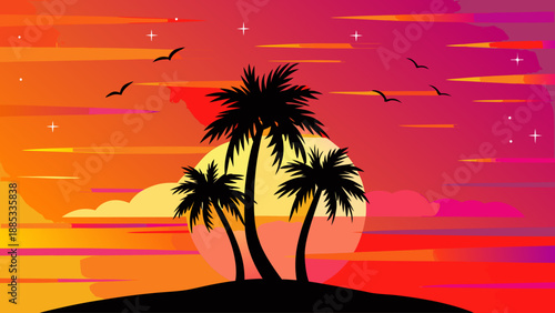 A vibrant vector graphic illustration of a tropical sunset with palm trees