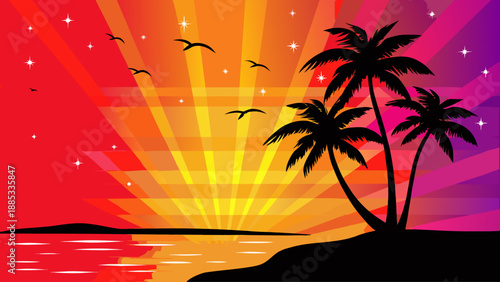 A vibrant vector graphic illustration of a tropical island at sunset with palm trees and birds in flight.