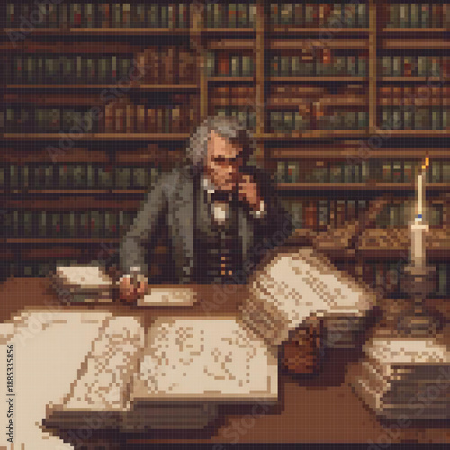 An old man in a library, writing on a desk with stacks of books, a candle, and a clock.