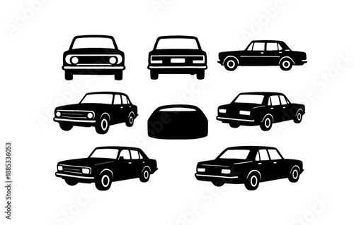 Classic car silhouettes from various angles in black and white