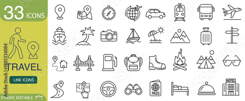 Travel icon set with thin line vector symbols for vacation or journey. This collection for tourism and transport planning represents adventure and exploration