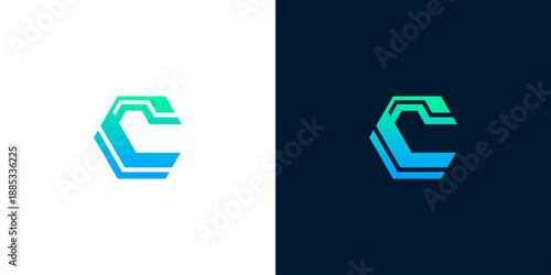 Modern abstract logo design featuring a stylized, multi-faceted geometric shape with a vibrant blue to green gradient, conveying digital innovation and technological solutions