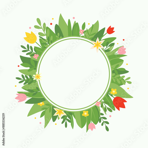 Fresh spring wreath frame with bright flowers and greenery. Cute vector design for creating holiday postcard, invitation, banner, social media. Empty space for text or a logo.