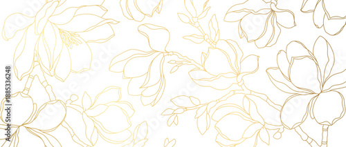 Luxury floral background with a golden Magnolia blossom pattern in a line art style. Hand drawn botanical elements. Vector illustration for card, banner, print, cover, wedding invitation, packaging