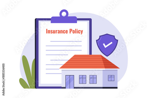 Residential Property Insurance Policy and Home Coverage Document Illustration. An illustration of a residential house in front of a giant insurance policy document with a safety shield