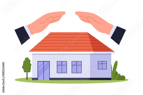 Two Hands Forming a Protective Roof Over a House Illustration. An illustration of giant human hands forming a protective roof shape over a residential building