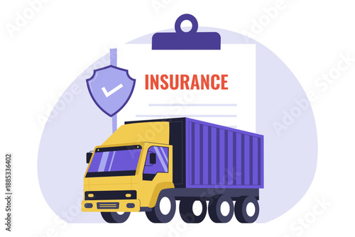 Logistics Truck Insurance and Cargo Delivery Protection Illustration. A large yellow logistics container truck in front of a giant insurance document and safety shield