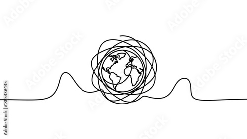 Continuous one line drawing of world globe