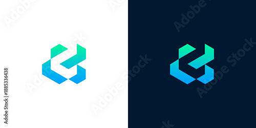 Modern abstract geometric logo design in blue and green gradient on white and dark backgrounds