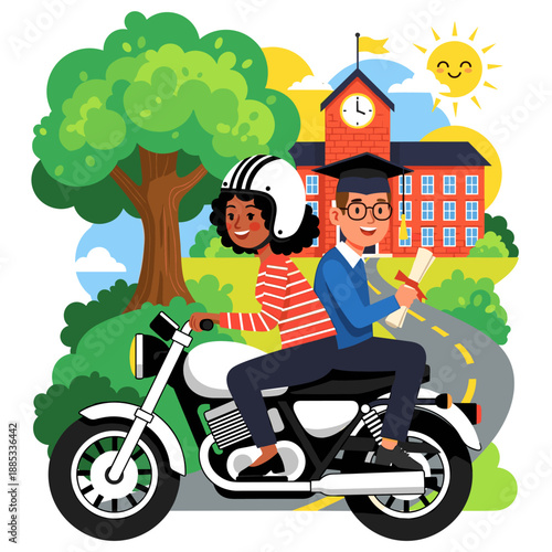 Cartoon vector illustration of a girl riding a motorcycle scooter for a fun and sporty travel scene