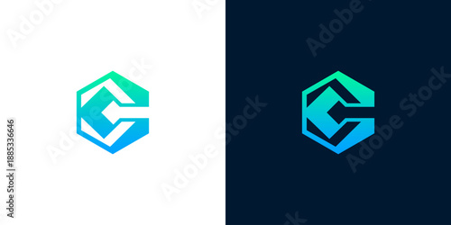 Modern hexagonal logo design with abstract letter C in vibrant green and blue gradient on dark and light backgrounds
