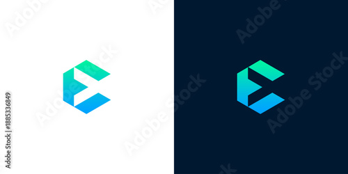 Sleek and dynamic abstract geometric icon featuring a stylized letterform, possibly 'E' or 'C', rendered in a cool gradient of blue and green, ideal for modern branding and technology concepts