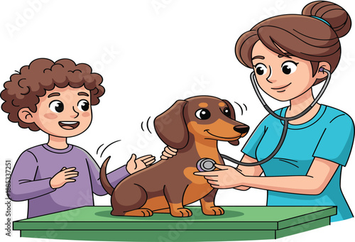 Cute veterinarian examining dog with stethoscope while child watches, friendly cartoon vector illustration for pet care, animal health, kids education, and vet clinic concept