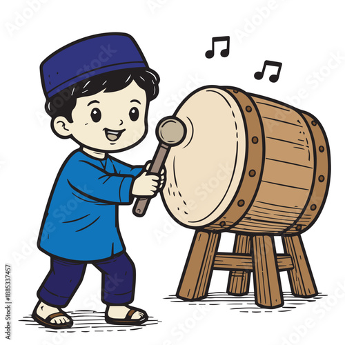 A warm Islamic themed vector portrays a little boy playing the bedug as a sign for prayer, representing devotion, culture, and early religious education in a gentle, inspiring scene.