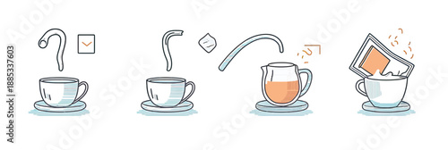 Step-by-step tea brewing process with tea bag cup hot water infusion brewing instructions flat minimalist vector illustration set