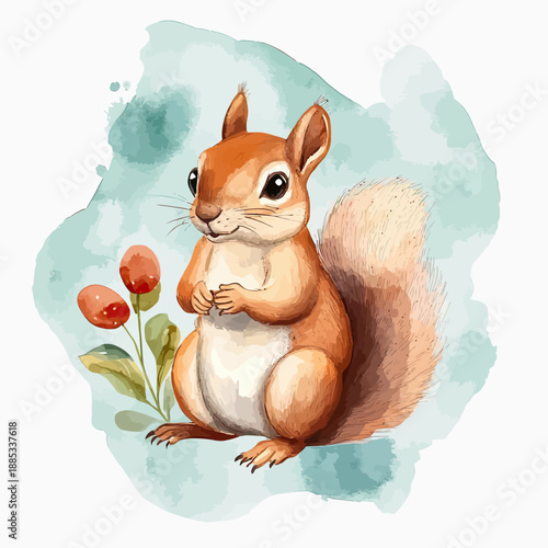 Cute red squirrel sitting with bushy tail next to branch with berries watercolor illustration on light background nature wildlife animal art