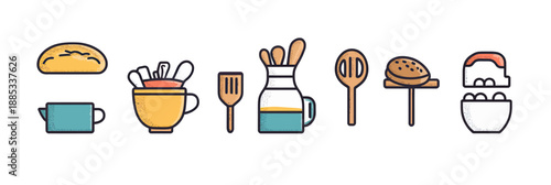 Minimalist line art cooking and baking utensils icon set including rolling pin, mixing bowl with whisk, spatula, jug with kitchen tools, wooden spoons, bread, and measuring cup in flat vector style