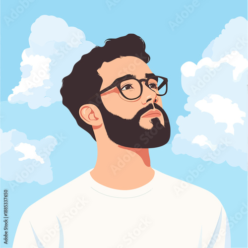 Bearded man with glasses looking upward contemplative confident headshot against blue sky with white clouds in minimalist vector style