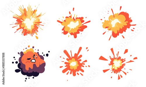 Set of six comic-style cartoon explosions and blast bursts with dynamic shapes and vibrant orange yellow and red flat minimalist vector design elements for action effects or impact illustrations
