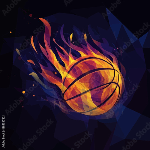 Abstract fiery basketball ball with polygonal flames on dark background dynamic sports illustration vector design