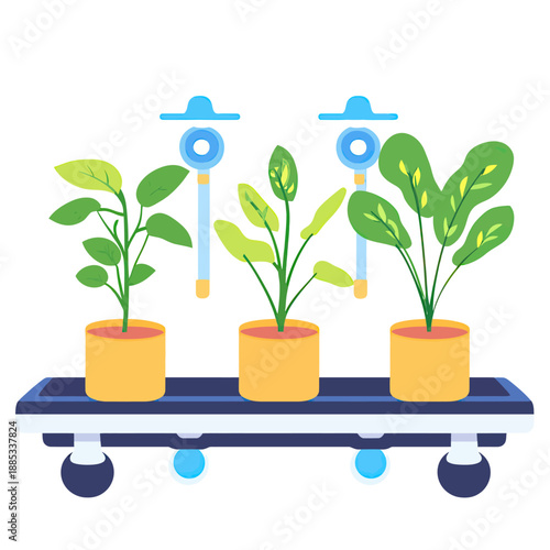 Hydroponic indoor plants growing in pots on mobile cart with automated watering sensors for sustainable gardening system vector illustration