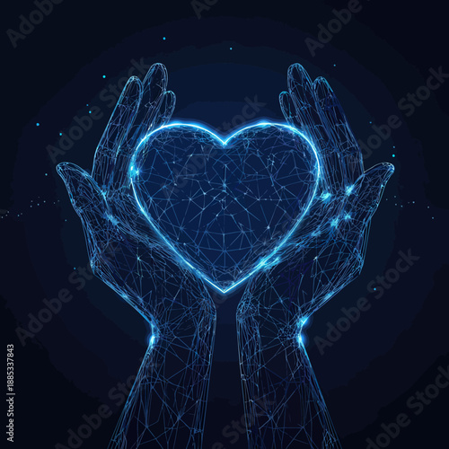 Digital wireframe glowing polygonal hands holding heart shape symbol on dark blue background charity care support concept vector illustration