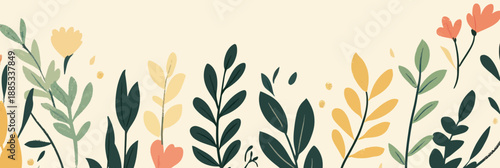 Minimalist flat vector illustration of diverse green and yellow plant branches with orange flowers on cream background for floral design and nature concept