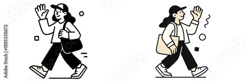 A cheerful young woman is walking while waving