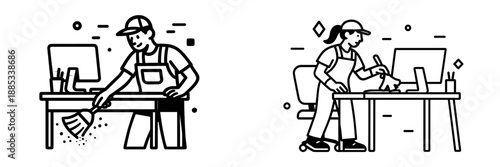 Workers cleaning and organizing a modern office environment