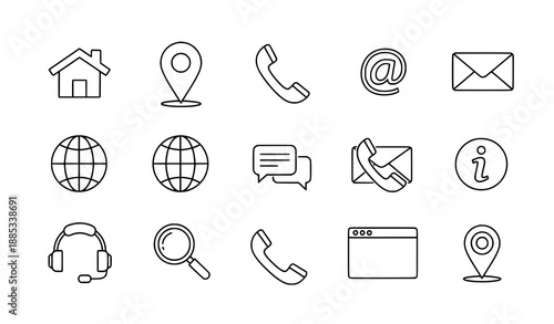 Thin line web and contact icon set with home, phone, email, location, and support symbols