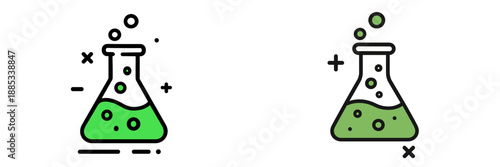 Illustration of green liquid in laboratory flasks and beakers