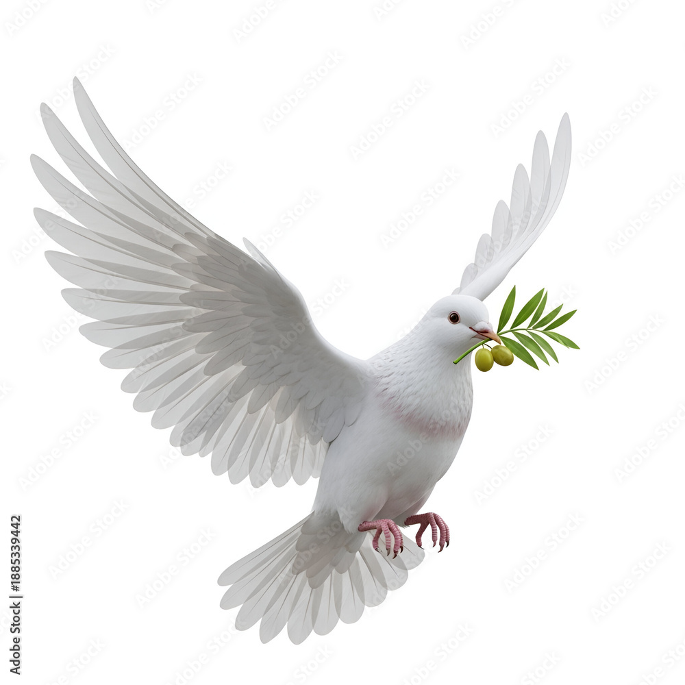 Obraz premium Graceful white dove soaring with outstretched wings, carrying a fresh green olive branch in its beak, powerfully symbolizing peace, hope, and reconciliation.