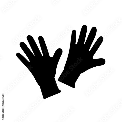 Pair of protective gloves, black silhouette, isolated against white background.